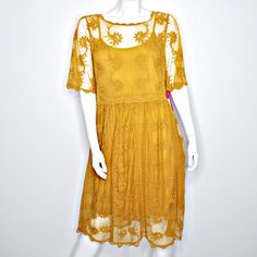 Smoke And Pet Free Home. New Condition Never Worn. Very Pretty Orangish Gold Color. Orange Lace Summer Dress, Orange Summer Dress With Lace Trim, Orange Lace Trim Summer Dress, Summer Orange Dresses With Lace Trim, Orange Sheer Dress For Spring, Gold Lace Dress, Gold Lace Dresses, Gold Lace, Gold Orange