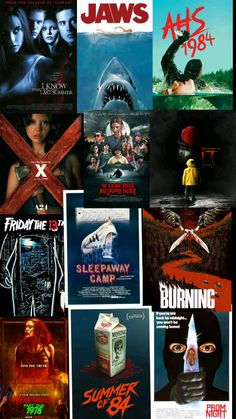 many different movie posters are shown together in this collage, with one being a shark and the other is a woman's face