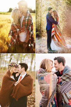 four different pictures of people in the woods, one with a blanket on his head