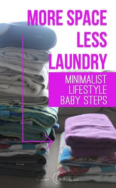 a stack of baby clothes with the words more space less laundry