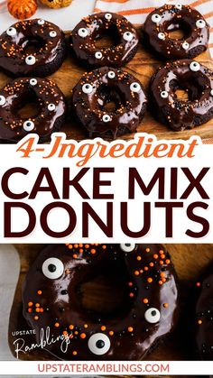 chocolate cake mix donuts with sprinkles and eyes on them for halloween