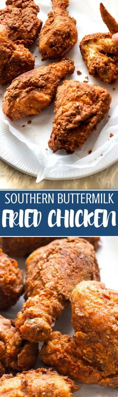 fried chicken on a paper plate with the words southern buttermik fried chicken over it