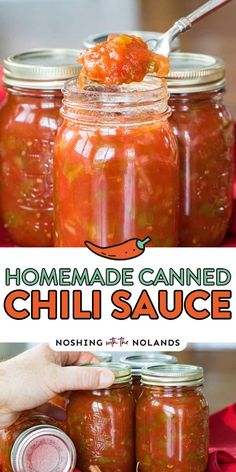 homemade canned chili sauce in mason jars with text overlay that reads homemade canned chili sauce