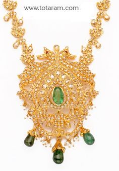 22 Karat Gold Uncut Diamond Necklace & Long Earrings Set With Emerald , Pearls & Beads 
  Gross Gold Weight of Necklace Set : 94.000 - 95.000 grams
  Weight of Uncut Diamonds : 22.55 Carats 
  Weight of Emeralds : 9.00 Carats 
  Length of the Necklace : 23.00 inches
  Length of pendant : 3.15 inches
  Width of pendant : 2.15 inches
  Length of Earrings : 1.85 inches
  Width of Earrings : 0.60 inches
  
 - 235-DS257 - in 95.000 Grams for USD $10964.99. 
Made in India by Totaram Jeweler Gold Emerald Chandbali Necklace With Intricate Design, Gold Temple Jewelry Style Emerald Necklace For Reception, Gold Emerald Necklace For Reception In Temple Jewelry Style, Traditional Gold Emerald Necklace For Reception, Gold Emerald Necklace For Receptions, Temple Jewelry Style, Festive Gold Emerald Necklace For Reception, 22k Yellow Gold Emerald Necklace For Wedding, Gold Emerald Necklace With Intricate Design For Reception, Gold Emerald Necklace For Reception