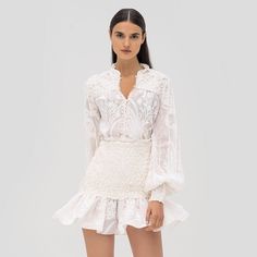 Nwt Alexis Lotus Frill Hem Mini Skirt. Size Small. White Summer Bottoms For Cocktail, White Summer Cocktail Bottoms, Ruffle Wrap Skirt, White Floral Skirt, Sequin Midi Skirt, Silk Set, Wrap Mini Skirt, Skirt And Top Set, Black And White Skirt