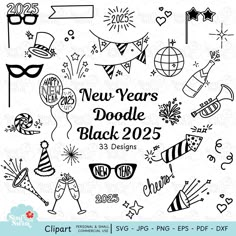 the new years doodle black and white clipart set is available for use in this project