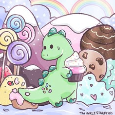 an image of two dinosaurs eating cupcakes in the snow with lollipops