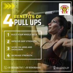 4 benefits of pull ups....👇
* Build your whole back 
* Improve grip strength
* Work on arms and shoulders
* Increase strength
.
.
Join Now - +91 95949 67747 , +91 95949 64482 Cardio Benefits, Personal Trainer Marketing, Hotel Marketing Design, Hotel Marketing, Fitness Facts, Gym Cardio