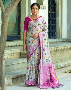 Type: Saree Saree Color: Ash Grey & Magenta Blouse Color: Magenta Saree Length: 5.5 Mtr Blouse Length: 0.80 Mtr Fabric: Paithani Silk Work: Zari Weaving Care Instruction: Hand Wash Product Code: 50451 Magenta Saree, Magenta Blouse, Kanjivaram Saree, Patola Saree, Color Magenta, Bandhani Saree, Printed Saree