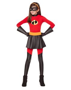 a woman in a red and black costume is standing with her hands on her hips