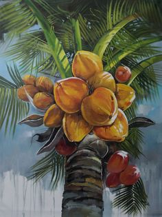 an oil painting of a palm tree with fruit on it's leaves and the sky in the background