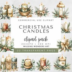 christmas candles clipart pack with watercolors and hand drawn elements for commercial use