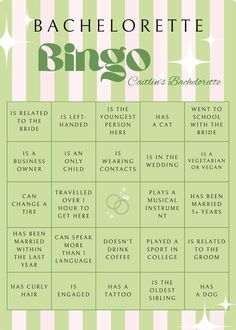 a green and white striped poster with the words bachelor bingo on it's side