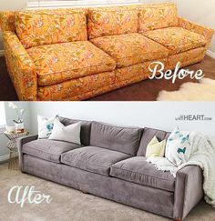 before and after shot of a couch in a living room with carpeted flooring