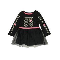 This adorable infant & toddler girl's black & pink skeleton Halloween dress is sure to be a favorite! Infant& toddler sizes 60% Cotton, 40% Polyester Made In Vietnam Size: 12 Months.  Gender: female. Pink Long Sleeve Halloween Dress, Pink Long Sleeve Dress For Halloween, Beige Knit Dress, Pink Skeleton, Sequin Top Dress, Black Sequin Shorts, Skeleton Dress, Pink Sundress, Girls Floral Dress