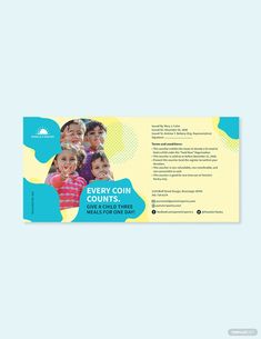 a blue and yellow brochure with children's faces on it, as well as the words every coin counts