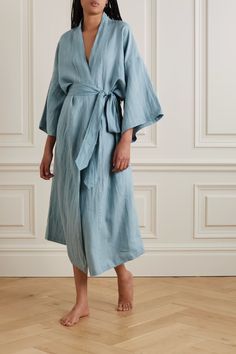 Long Flowy Linen Robe, Luxury Blue Dress With Kimono Sleeves, Luxury Women's Sleepwear With Kimono Sleeves, Luxury Blue Dresses For Loungewear, Luxury Blue Linen Outerwear, Dyed Robe Linen, Mid Length Robe, Linen Kimono For Daywear, Blue Long Sleeve Kimono For Daywear