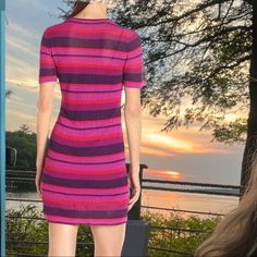 Pink Purple Striped With Slip Underneath . Slips Over Head Ribbed L 36 P 16 Fitted Purple Mini Dress With Short Sleeves, Purple Fitted Mini Dress For Beach, Purple Fitted Mini Dress For The Beach, Fitted Purple Mini Dress For Beach, Fitted Casual Purple Dress, Casual Fitted Purple Dress, Summer Shift Dress, Cotton Shift Dress, Black Silk Dress