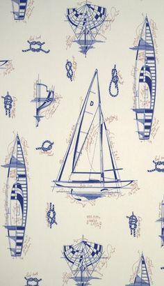 a blue and white wallpaper with boats on it