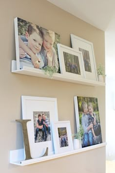 two white shelves with pictures and frames on them, one is holding three children's photos