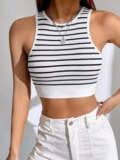 Lasaky - Monochrome Striped Athletic Sleeveless Knit Vest Top Knitted Crop Tank Top, Striped Sleeveless Top, Women Tank Tops, Cropped Tops, Loose Fitting Tops, Striped Crop Top, Sleeveless Crop Top, Active Wear Outfits, Sleeveless Vest