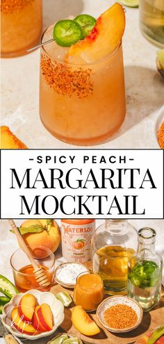 A spicy peach margarita mocktail in a glass along with the ingredients. Margarita Mocktail Recipe, Infused Simple Syrup, Margarita Mocktail, Virgin Margarita, Peach Margarita, Mocktail Drinks, Alcohol Free Drinks, Perfect Summer Drink, Peach Puree