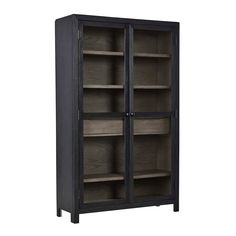 a black bookcase with two shelves on each side