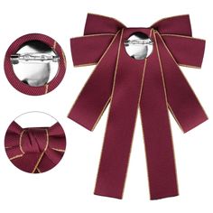 Its locking brooch pin back can make you clip your bowknot quickly and easily. The brooch pin bow tie is decorated with a gold rim, elegant and lovely. Specification: 1. Bow Brooch Bowtie: Pre-tied, bow ribbon, solid color, pin bow tie with golden rim decorated. 2. Stand Out from the Crowd: Fit for adult women, scholars, or ladies. Great for formal events, weddings, school, business, work, parties, etc. 3. Nice Gifts Choose: Excellent for a skirt or blouse shirt, it will make the style more eleg Red Bow With Butterfly Knot For Party, Elegant Red Bow For Gift, Elegant Red Bow With Butterfly Knot, Gold Bow Brooches For Formal Occasions, Formal Gold Brooch With Bow, Elegant Red Holiday Brooch, Elegant Red Holiday Brooches, Gold Bow Brooch For Wedding, Elegant Red Brooch Pins