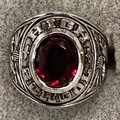 High School Ring With Crystal Stone Set In Heavy 18 Karat White Gold Plate 1980, Back To The Future Red Adjustable Classic Jewelry, Classic Adjustable Red Ring, High School Rings, School Rings, Red And Silver, Back To The Future, To The Future, Crystal Stone, Stone Settings