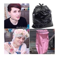 a collage of photos including a trash bag, a woman with flowers in her hair and a black plastic bag