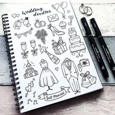 wedding doodles are on top of a notebook