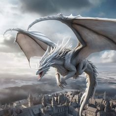 a white dragon flying over a city with lots of tall buildings in the sky and clouds