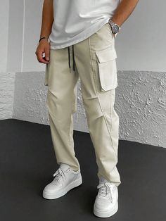 Loose Men's Solid Color Drawstring Waist Pocketed Cargo Long Pants Beige Casual   Woven Fabric Plain Cargo Pants Slight Stretch  Men Clothing, size features are:Bust: ,Length: ,Sleeve Length: Cream Colored Pants, Casual Long Sleeve Shirts, Boys Bottoms, Casual Athletic, Colored Pants, Printed Drawstring, Cargo Pants Men, Pants Men, College Fashion