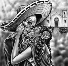 a drawing of a skeleton hugging a woman with a mexican hat on it's head