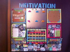 a bulletin board with magnets and pictures on it that says motivation, motivation is