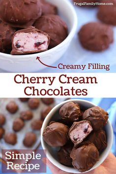 a bowl filled with chocolate covered cherries and the words cherry cream chocolates below it