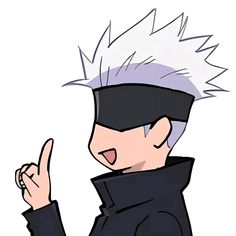 an anime character with white hair and black eyes pointing to the side, wearing a black jacket