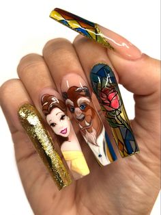 Nail Art Dessin, Beauty And The Beast Nails, Beauty And The Beast Disney, The Beast Disney, Beast Disney, Nails Hand Painted, Nail Drawing