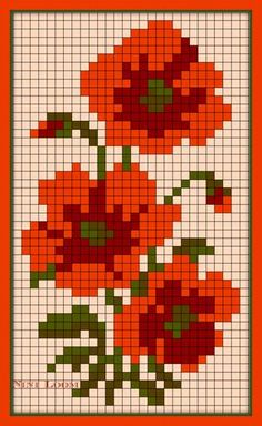 a cross stitch pattern with three red flowers