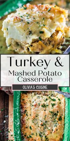 turkey and mashed potato casserole in a green dish