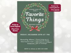 a holiday party flyer with a wreath and red ribbon on the front, featuring information for favorite things