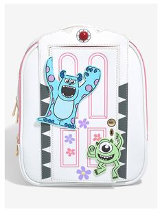 a white backpack with monsters on it