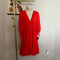 Buttons Are Decorative Casual Red Midi Dress For Cocktail, Red Midi Dress For Holiday, Red Dress With Long Sleeves, Beautiful Red Dress, Beautiful Red Dresses, Taylor Red, Dresses Beautiful, Dress With Long Sleeves, Taylor Dress