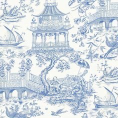 Exotic oriental print in blue on an off white background.  Suitable for drapery, bedding, headboards, crafting and other home decorating applications.  Large scale print.     Content: 100% CottonVertical Repeat: 36""Horizontal Repeat: 27""Fabric Width: 54"" P Kaufmann Fabric, Chinoiserie Fabric, Decorative Hand Towels, Warwick Fabrics, Toile Fabric, Print Design Pattern, Indigo Fabric, Chinoiserie Chic, Drapery Panels