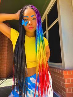 Black And Rainbow Braids, Half Colored Box Braids, Half And Half Box Braids Color, Half And Half Hair Color Box Braids, Pride Braids, Box Braids Two Colors, Rainbow Box Braids, Colorful Box Braids