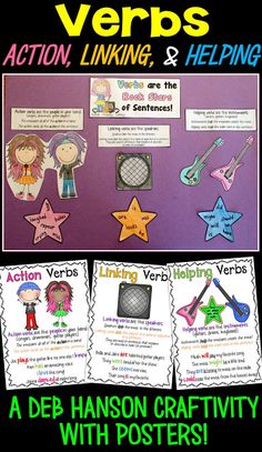 an action linking and helping poster with posters to help students learn how to use the verbs