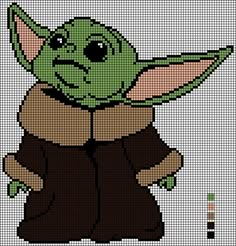 an image of yoda from star wars on pixellated pixels, with the background in green and brown