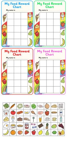 four reward cards with food items on them