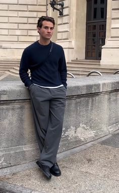 Pinstripe Trousers Outfit Men, Guys Outfits Classy, Grey Pants Outfit Mens Street Styles, Gray Pants Outfit Men Casual, Mens Nice Dinner Outfit, Dinner Outfit Men Night, Men’s Trendy Business Casual, Men Trousers Outfit, Classy Men Outfits