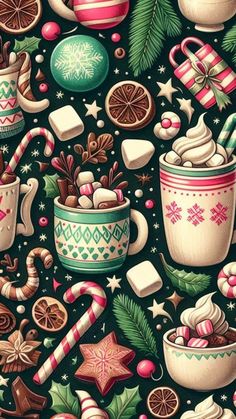 a christmas themed background with hot chocolate, marshmallows and candy canes